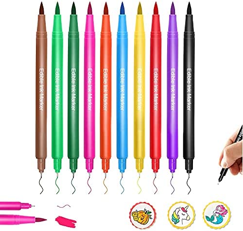 Edible Markers, Upgrade 10Pcs Food Coloring Marker Pens Dual Sided Edible Markers with Fine（0.5mm）and Thick Tip Food Grade Gourmet Writers for DIY Fondant Cakes Easter Eggs Frosting Baking Party Decorating Drawing Writing (10 Colors)