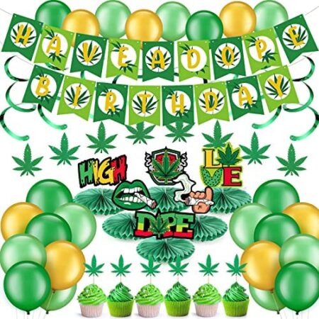 56 Pcs Weed Birthday Banner Leaf Cupcake Toppers Leaves Themed Honeycomb Centerpieces Green Weed Hanging Swirls and Balloons for Baby Shower Birthday Party Supplies Decorations